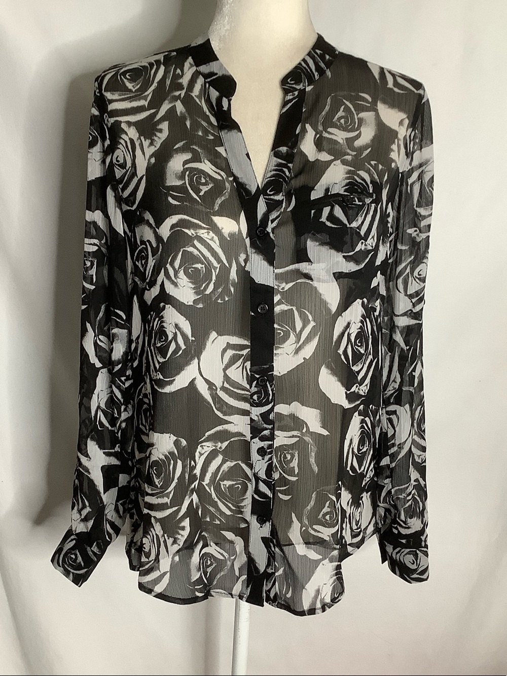 KUT from the Kloth Black & White Rose Print Sheer Button Up Blouse Size S